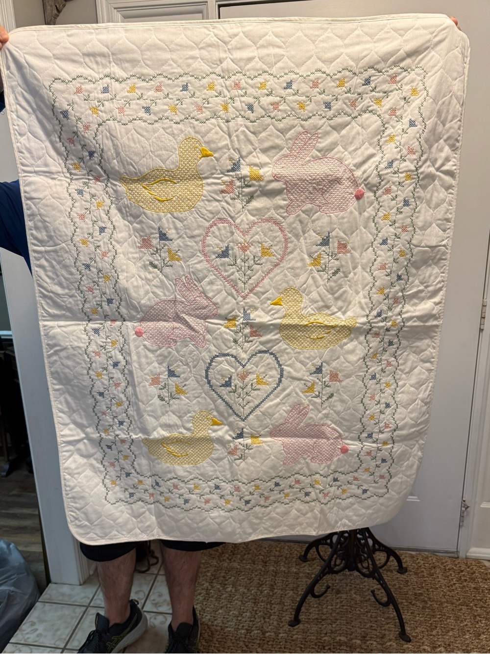 Vintage 80s Personal Wares Bunny & Duck Stitch Embroidered Baby Crib Quilt